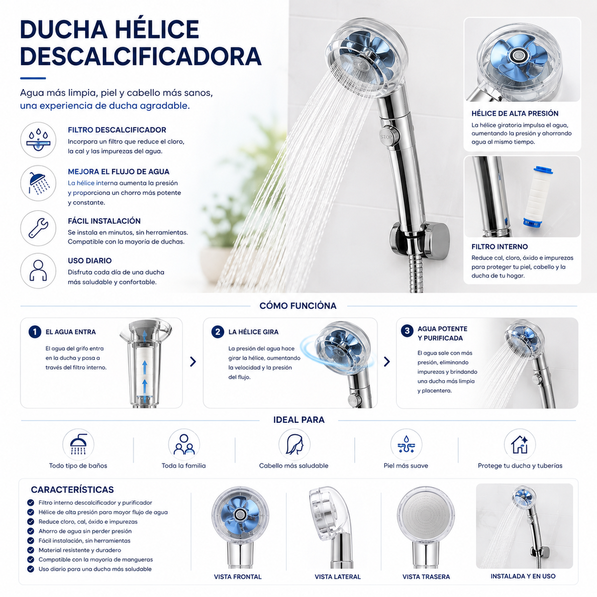 Ducha hélice descalcificadora