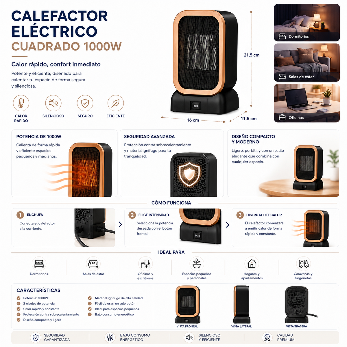 Calefactor eléctrico cuadrado 1000W