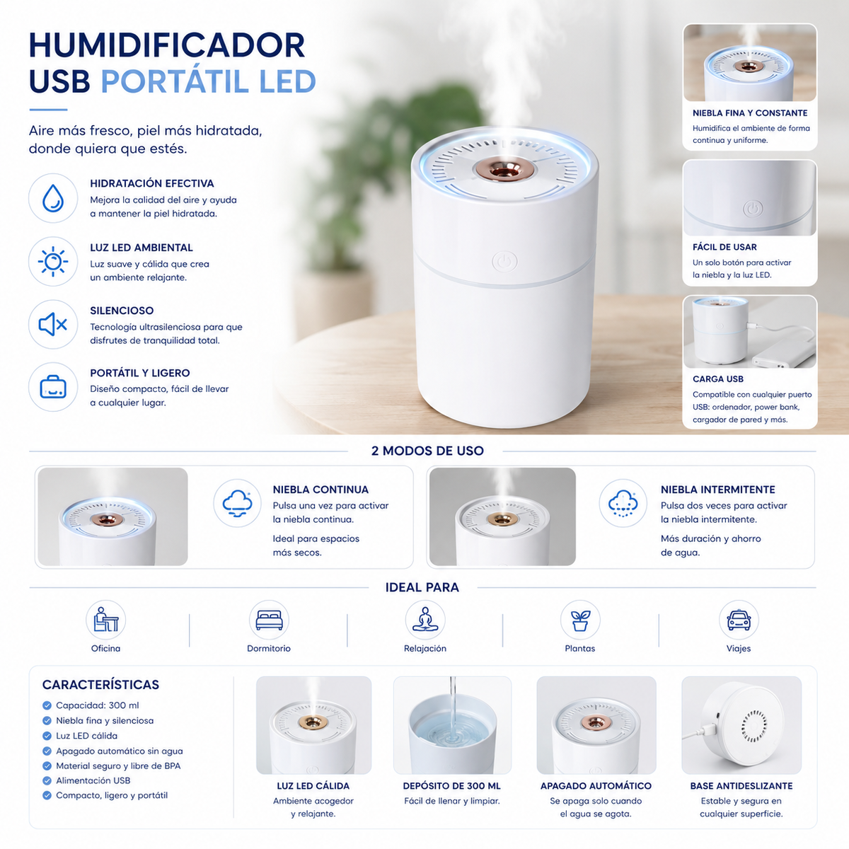 Humidificador USB portátil LED